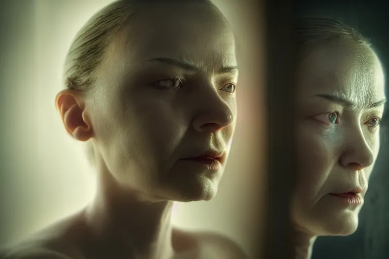 Image similar to an ultra realistic, cinematic, fantasy, portrait, of a woman, looking in mirror at older self, fire, dramatic, soft light, dreamy, facial features, stood in a cell, with prison clothing, detailed, deep focus, movie still, dramatic lighting, ray tracing, by michal karcz and yoshitaka