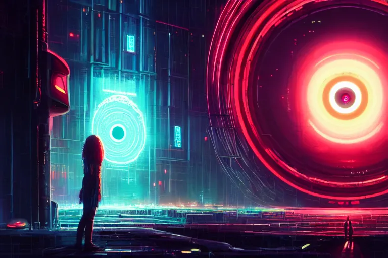 Image similar to portrait of a mystical giant eye, big brother is watching you vibes, mechanic, dystopian, ( ( cyberpunk ) ), intricate, ( ( ( abstract ) ) ), cinematic, glow, neons, octane render, wlop, greg rutkowski, dan mumford, artgerm