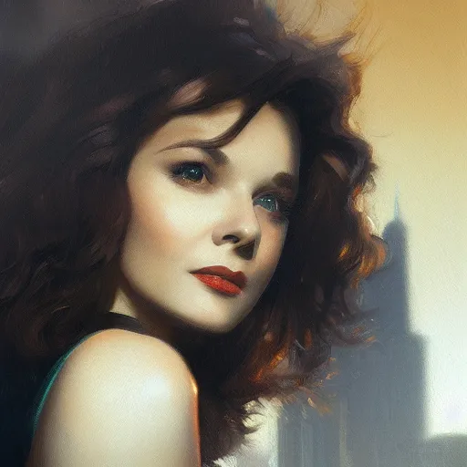 Image similar to closeup portrait of a young vivian leigh, seductive smile, chiaroscuro, city background, golden hour, dramatic lighting, complementary contrast, high detail, painted by greg rutkowski, painted by igor kieryluk, trending on artstation