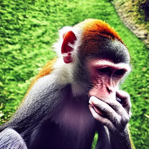 Image similar to Monkey holding and smoking a fat joint, iPhone selfie