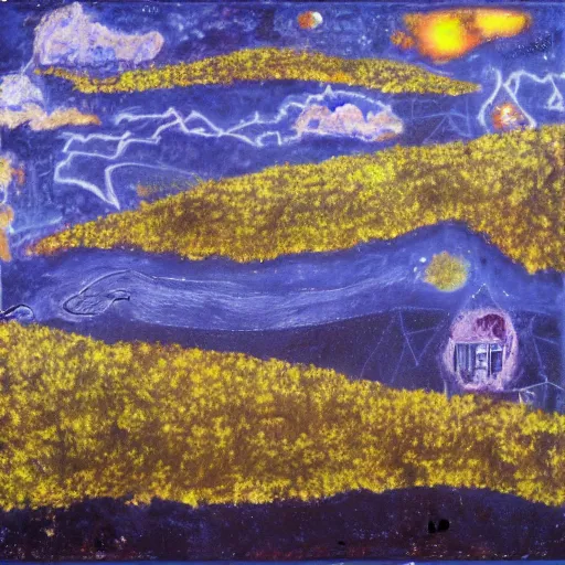 Prompt: goldenrod by sidney nolan weary. a mixed mediart of a group of flying islands, each with its own unique landscape, floating in the night sky. the islands are connected by a network of bridges. a small group of people can be seen walking along one of the bridges.