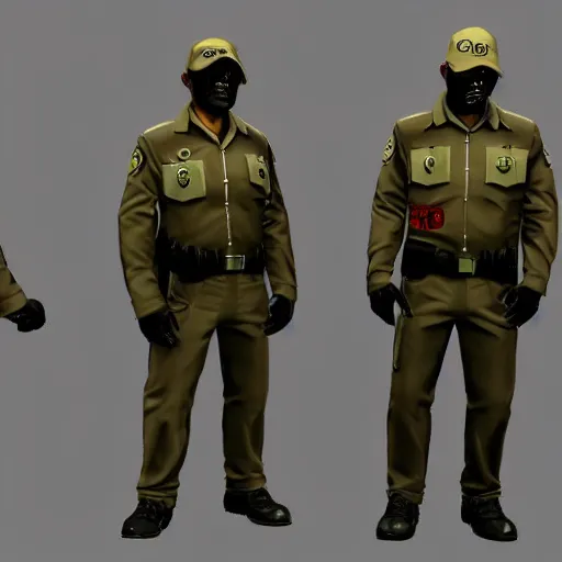 Prompt: ( ( beige ) ) uniform and caps zombie security officers ( glowing red possessed ) trending on artstation very high detail