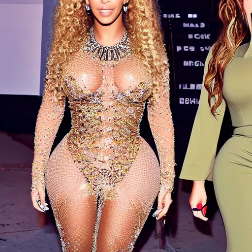 Image similar to beyonce and kim kardashian hybrid, fashion nova,