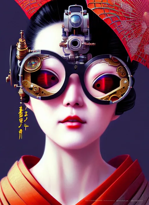 Image similar to sensual japanese geisha wearing vr eyewear, robotic, android, cyborg, cyberpunk face, steampunk, fantasy, intricate, elegant, highly detailed, colorful, vivid color, digital painting, artstation, concept art, art by artgerm and greg rutkowski and ruan jia,