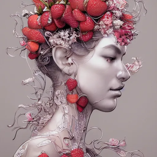 Image similar to the portrait of an absurdly beautiful, graceful, elegant, sophisticated, fashionable woman made of strawberries and white petals looking down, an ultrafine hyperdetailed illustration by kim jung gi, irakli nadar, intricate linework, bright colors, octopath traveler, final fantasy, unreal engine 5 highly rendered, global illumination, radiant light, detailed and intricate environment