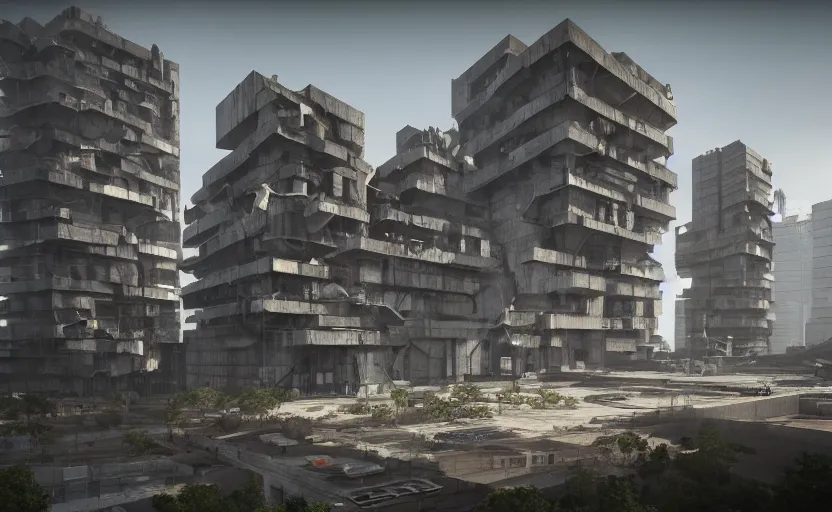 Image similar to Brutalist architecture buildings, unreal engine, artstation trending, highly detailded