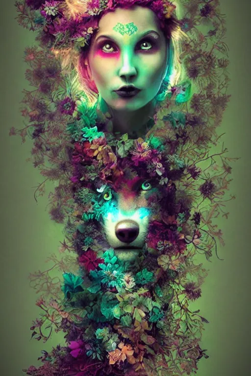 Image similar to vines and flowers forming a figure of a wolf in a bioluminescent forest by malgorzata mice and alberto seveso, beautiful, ethereal, 3 d