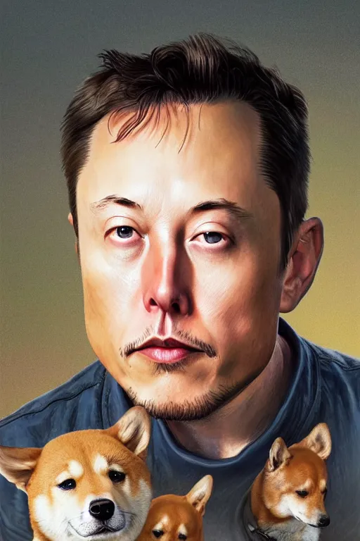 Image similar to photorealistic portrait photograph of elon musk with a shiba inu dog, handsome, depth of field, soft focus, highly detailed, intricate, realistic, national geographic cover, soft glow, textured, artstation, concept art, sharp focus, illustration, art by artgerm and greg rutkowski and alphonse mucha