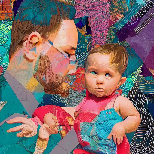 Prompt: hyperdetailed beautiful artistic digital paper collage of a father with a beautiful baby. interesting textures in vibrant tones. maximalist illustration in the style of a mixed media collage. half-lenght. matte background. well done. HD 8x