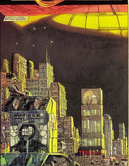 Prompt: comic book page, a city on the moon, by Francois Schuiten