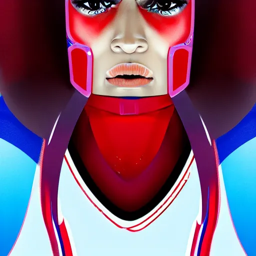 Prompt: close up portrait Zendaya as a futuristic ice hockey player, blue red and white, painted by James Gilleard, detailed brushstrokes, photo realistic
