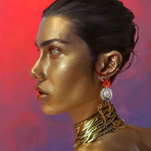 Prompt: detailed oil portrait of tall muscular shining bronze - skinned warrior cat with silver eyes, with short wavy flowing black hair and big gold earrings, jewelry, red lipstick, makeup, feminine, volumetric lighting, dynamic composition, art by sachin teng and sergey kolesov and ruan jia and heng z, scifi, concept art