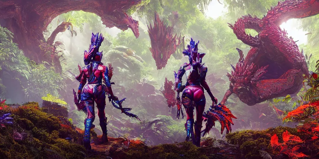 Image similar to explorer woman walking in dragon armour, walking in a dense alien jungle with colourful red, blue and purple plants, large vines, mossy organic rock structures, in the style of monster hunter world, like concept art on artstation, hyperdetailed, vray render, octane render,