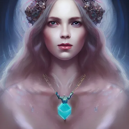 Image similar to ! beautiful female portrait, inner glow, symmetric face, flowing hair, moonlight, gemstone necklace, by wlop, by tom bagshaw, by gallen - kallela trending on artstation,