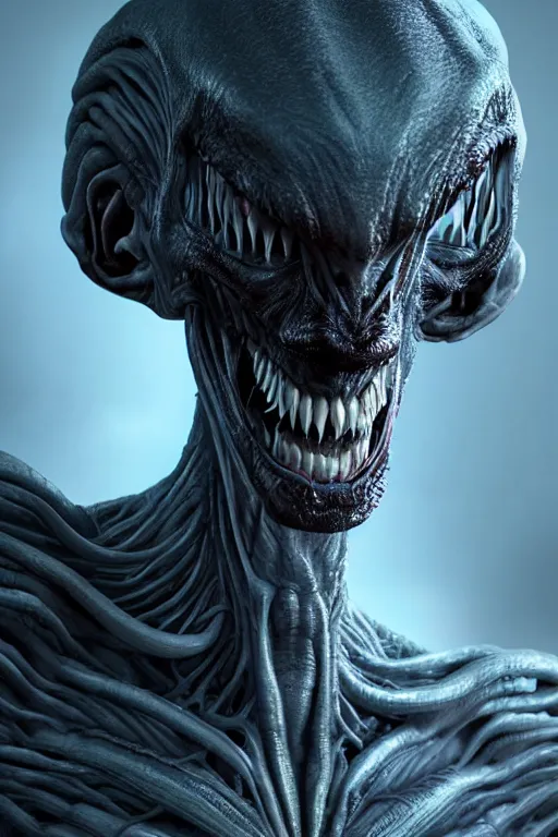 Image similar to Portrait of a Scary Alien with an evil grin, wide angle, super highly detailed, professional digital painting, artstation, concept art, smooth, sharp focus, no blur, no dof, extreme illustration, Unreal Engine 5, Photorealism, HD quality, 8k resolution, cinema 4d, 3D, beautiful, cinematic, art by artgerm and greg rutkowski and alphonse mucha and loish and WLOP