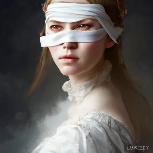 Image similar to a ( peter the great ), beauty portrait, fantasy blindfold, white dress, digital art by krenz cushart, laurie greasly, wlop, artgerm, intricate, highly detailed, sharp focus, smooth, epic composition, joyful, unreal engine