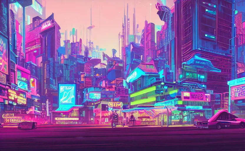 Prompt: Wide angle shot of a cyberpunk city with neon lights and holographic fishes floating in the sky by James Gilleard, Mark Ryden, Wolfgang Lettl highly detailed