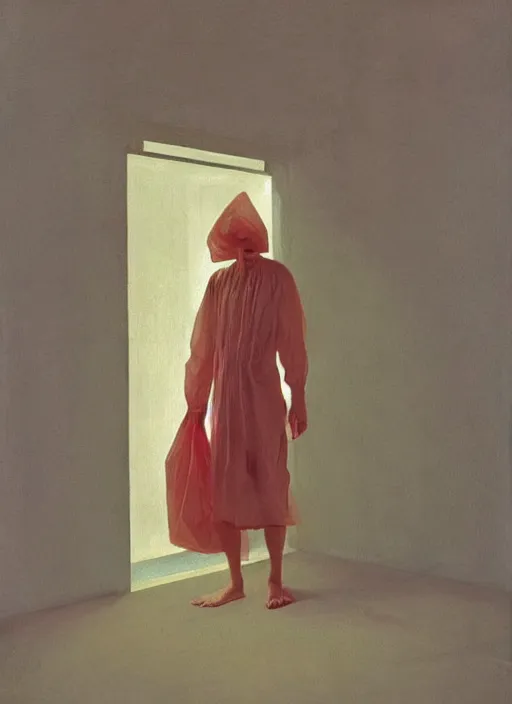 Prompt: man in a translucent dress made from plastic bag with paper bags for clothes standing inside paper bags with paper bag over the head at store display Edward Hopper and James Gilleard, Zdzislaw Beksinski, highly detailed