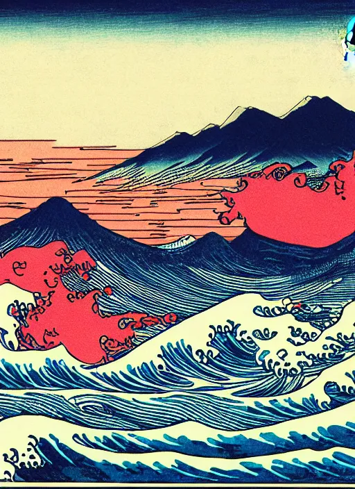 Prompt: a painting of waves in the ocean with mountains in the background, a woodcut by utagawa hiroshige ii, pixiv, ukiyo e, ukiyo e, vaporwave, woodcut