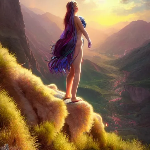 Prompt: a iridescent unicorn looking off a cliff that shows a covered in toxic smog, ultra realistic, concept art, intricate details, highly detailed, photorealistic, octane render, 8 k, art by artgerm and greg rutkowski and alphonse mucha