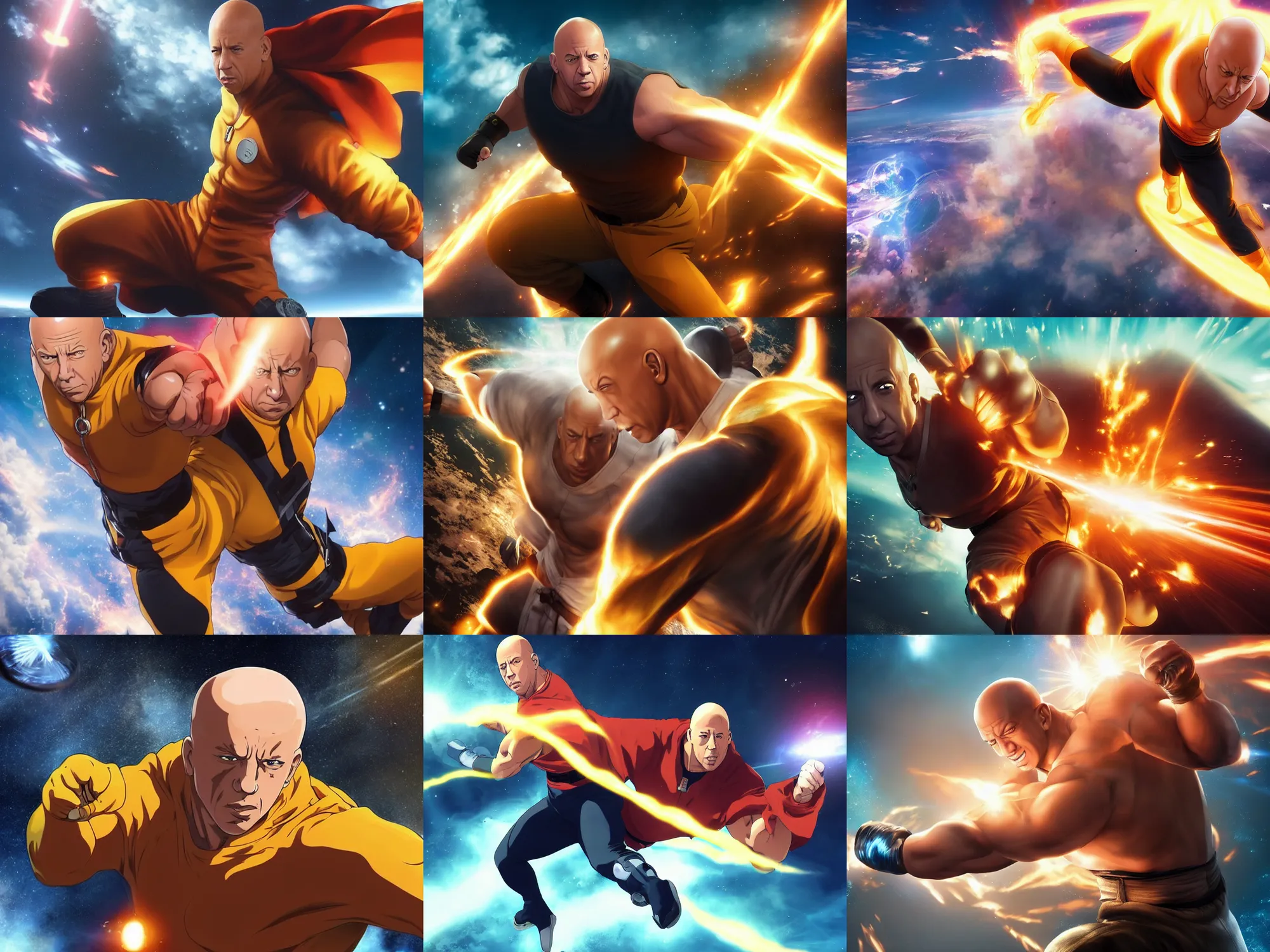 Prompt: vin diesel as saitama!!! punching!!! a car!!! into space, ultra realistic, lens flare, atmosphere, glow, detailed, intricate, full of colour, cinematic lighting, trending on artstation, 4 k, hyperrealistic, focused, extreme details, unreal engine 5, cinematic, masterpiece