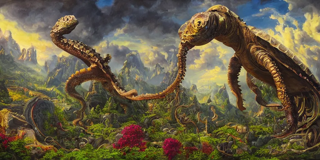 Image similar to fantasy oil painting, great leviathan, cybernetic turtle cephalopod terrapin reptilian pachyderm squid, bella hadid, hybrid, milla jovovich, anubis, epic natural light, lush plants flowers, spectacular mountains, bright clouds, luminous sky, outer worlds, golden hour, michael cheval, edward hopper, michael whelan, vray, hd