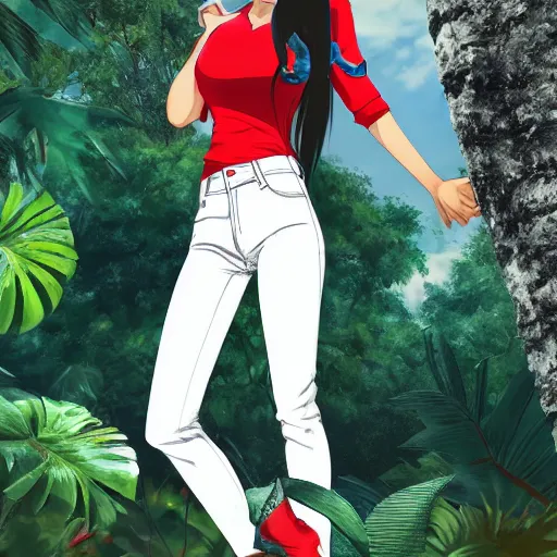 Prompt: nagatoro using white and red tight raglan sleeves, tight blue jeans and cool shoes in a tropical forest, artstation, ray tracing, soft shade