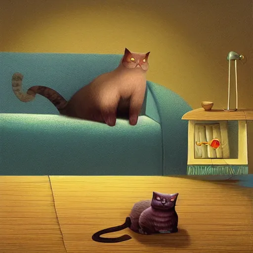 Prompt: cat sitting on sofa, children book illustration by gediminas pranckevicius