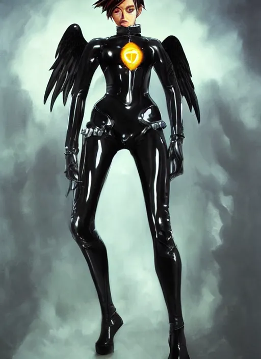 Image similar to full body artwork of tracer overwatch, wearing black latex outfit, in style of zdzisław beksinski, angel wings, dramatic painting, wearing detailed steel collar, black shiny armor, chains, black harness, detailed face and eyes,