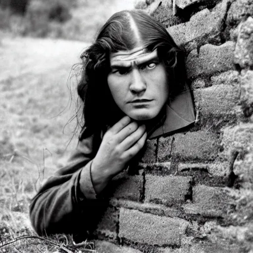 Prompt: Still of a movie set in the 1930s where a terrified young man with long hair is crouched up against a stone wall. He is looking utterly panicked and distressed