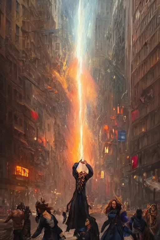 Prompt: Beautiful few sorcerers attacking people on streets with thunders in New York city , wide angle, magic, fire, face painting, dramatic lighting, intricate, wild, highly detailed, digital painting, artstation, concept art, smooth, sharp focus, illustration, art by artgerm and greg rutkowski and alphonse mucha, footage from space camera