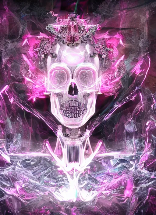 Image similar to photo of fullbodied baroque and bladerunner delicate neon diamond sculpture of robot onyx albino marble prince kai harvatz dotado pink iridescent skull psychedelic, reclining, glowing magenta face, crown of white diamonds, cinematic lighting, photorealistic, octane render 8 k depth of field 3 d