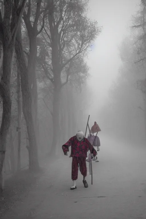 Image similar to a group of clowns walking down a long dark foggy alley the are carrying sticks. fog,