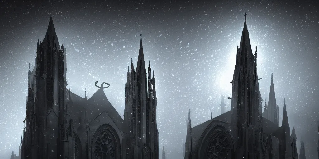 Image similar to Behind the tall and delicate gothic church at night, a huge delicate metal astrolabe in the moonlight, with ghosts floating in the foreground, light through the mist, dramatic lighting, photorealistic, cinematic lighting, high detail, cinematic feel, high octane, 4K, Unreal Engine, digital render, intricate, ultra realistic