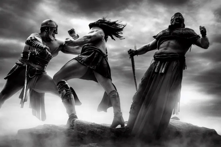 Prompt: cinematic monochromatic shot of an epic gladiator fight