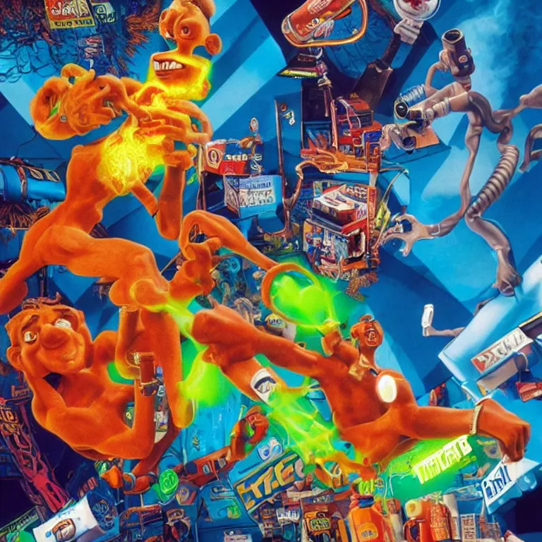 Image similar to 1 9 9 0's wild advertisement octane render portrait by wayne barlow and carlo crivelli and glenn fabry and pixar, a crazed humanoid cartoon leapord smoking a cigarette while holding up a colorful neon blue energy drink while standing on a playground, cinema 4 d, ray traced lighting, very short depth of field, bokeh