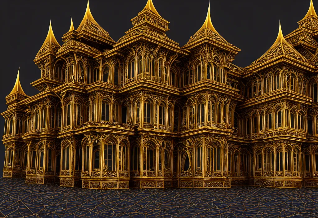 Prompt: symmetrical features, ominous, magical realism, texture, intricate, ornate, royally decorated, golden rule architecture, windows, many doors, roofs, complete house, whirling smoke, embers, adornments, torn fabric, radiant colors, fantasy, trending on artstation, volumetric lighting, micro details, 3 d sculpture, ray tracing, 8 k