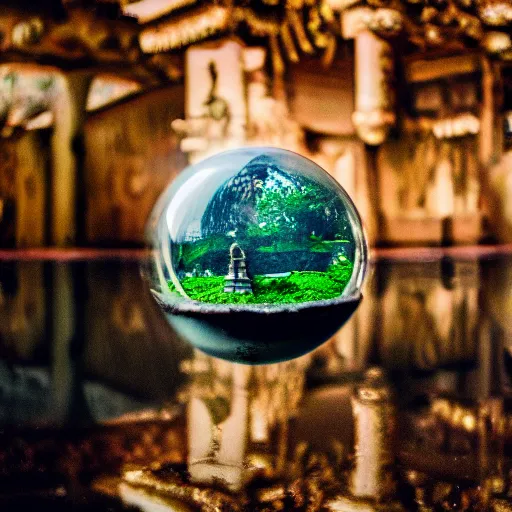 Prompt: macro photo of a temple inside a water sphere, depth of field, highly detailed photo