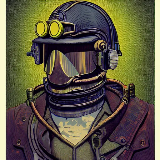 Prompt: a dieselpunk school photo in the style of moebius ; steampunk, jean giraud, illustration, drawing, painting, face, green, yellow, red, muted, clean lines, centered face, symmetric, digital art, detailed, artstation, deviantart, hd, 8 k, 4 k