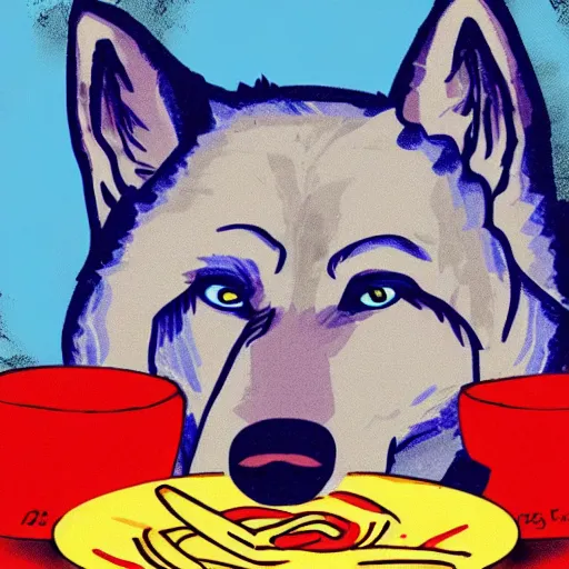 Image similar to a fat blue wolf wearing a red neckerchief eating pasta, digital art