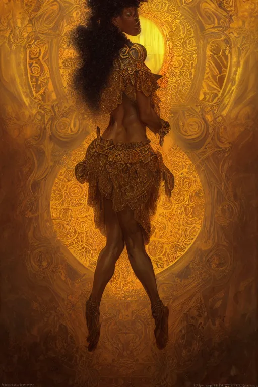 Image similar to tarot card artstation, portrait of a black love dancer, sunrise, baroque ornamnet and rococo ornament, ancient chinese ornate, hyperdetailed, beautiful lighting, craig mullins, mucha, klimt, yoshitaka amano, red and gold and orange color palatte