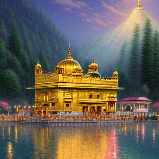 Prompt: a beautiful painting of golden temple made by thomas kinkade, trending on artstation, 8 k