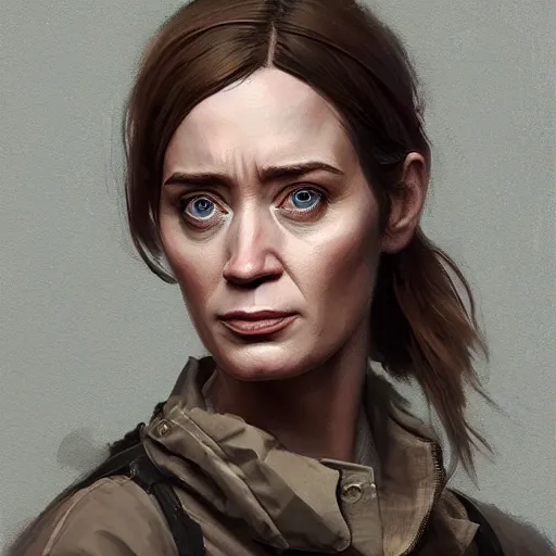 Image similar to portrait of a woman by greg rutkowski, emily blunt as an engineer, she is about 4 0 years old, wearing a utilitarian jumpsuit, highly detailed portrait, digital painting, artstation, concept art, smooth, sharp foccus ilustration, artstation hq