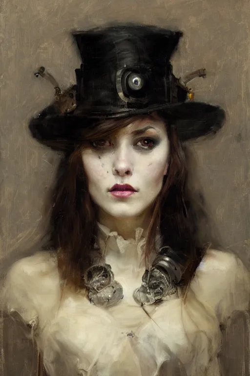 Image similar to Richard Schmid and Jeremy Lipking and Roberto Ferri full length portrait painting of a young beautiful victorian steampunk goth woman