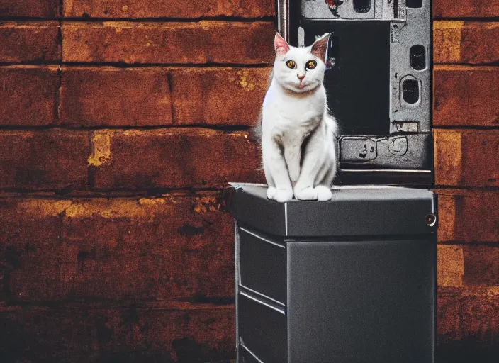 Image similar to photography of a Cat sitting on a box. in a cyberpunk street, award winning photo, colors, 100mm, sharp, high res