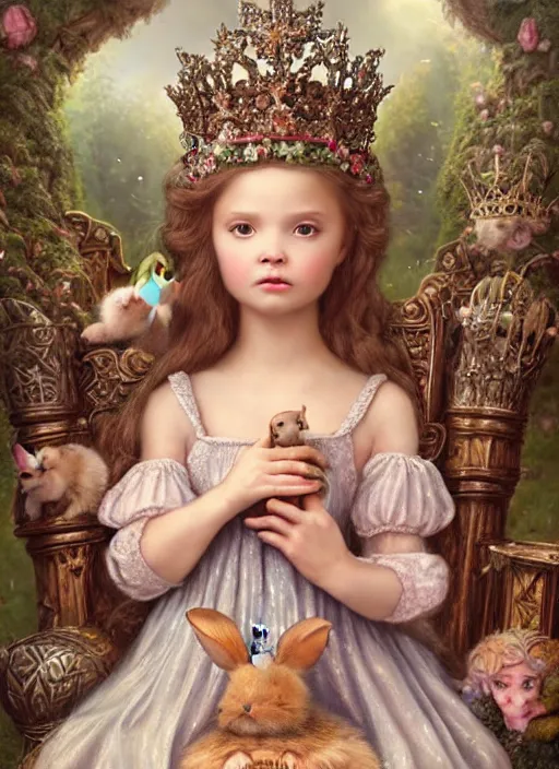 Image similar to highly detailed closeup portrait of a fairytale medieval princess wearing a crown and sitting on a throne, surrounded by cute bunnies, unreal engine, nicoletta ceccoli, mark ryden, earl norem, lostfish, global illumination, god rays, detailed and intricate environment