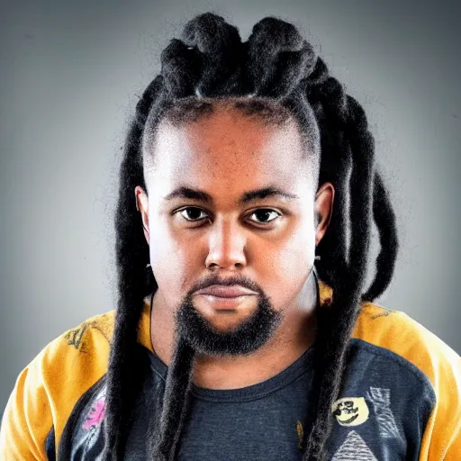 Prompt: photo of chubby black bjj athlete with long dreads posing, serious face