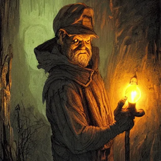 Image similar to an angry, grimy, dirty, grumpy [ old ], miner elf ( with red hat and a glowing latern ) in a pitch black mine, looks into the camera. angry kubrick stare, low key lighting, high contrast, faux painting, fairy tale illustration, character concept art by ivan bilibin, gustave dore and marc simonetti