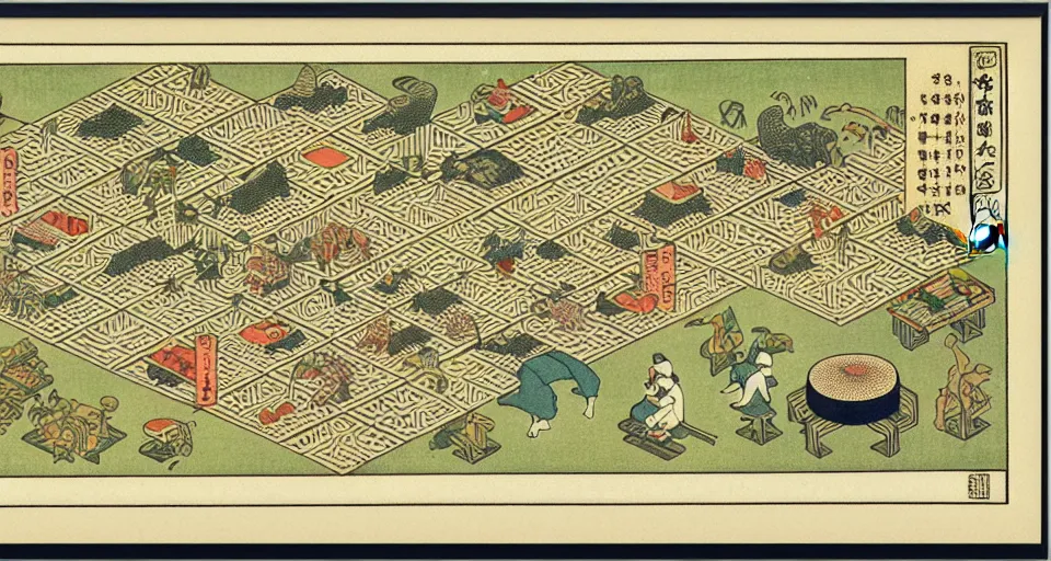 Image similar to isometric miniature map dashboard with time series charts, pie plots and other modern graphics, with small creatures on it. monografia by diego rivera ( ukiyo - e influence )