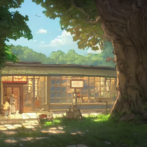 Image similar to concept art painting of a historic bakery with european and japanese architecture, window with baked goods, in a woodland village surrounded by trees and mountains, realistic, detailed, cel shaded, in the style of makoto shinkai and greg rutkowski and james gurney